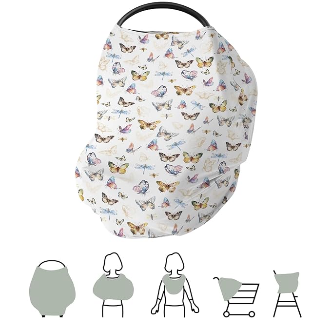 Boho Butterflies Dragonflies Baby Car Seat Covers Vintage Butterflies Stretchy 5-in-1 Cover Adjustable Infant Carseat Cover Canopy Garden Meadow Breathable Nursing Cover-Up