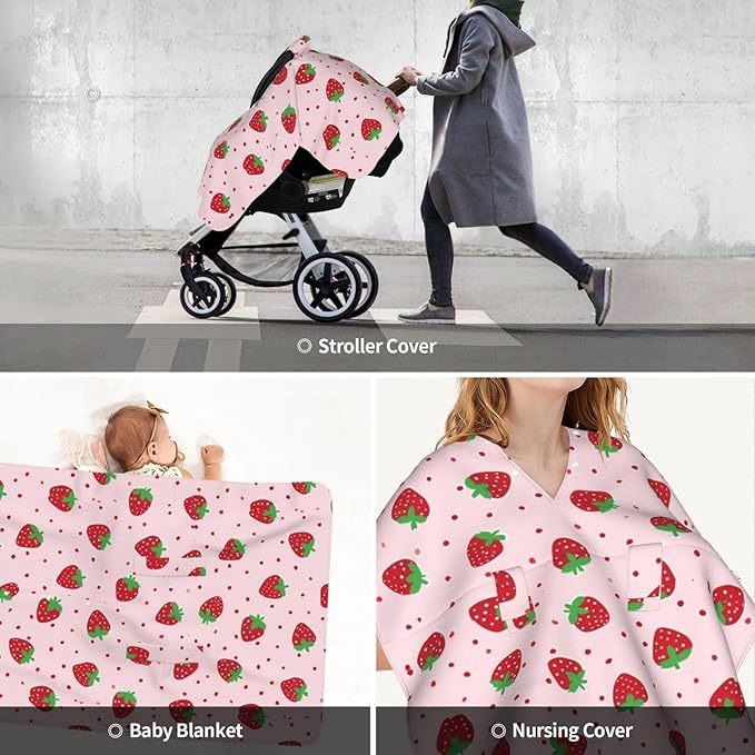 KiuLoam Pink Dots Strawberry Baby Car Seat Canopy, Nursing Cover for Mom Breastfeeding Scarf, Infant Car Seat Cover/Multiuse Baby Stroller Covers for Babies Boys Girls