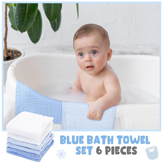 Peryiter 8 Pack Baby Bath Towels and Wash Cloth Set Muslin Hooded Soft 100% Cotton Baby Hooded Bath Towel Absorbent Towels Cloths for Babies, Infant, Toddler and Kids Newborn(Blue Series)