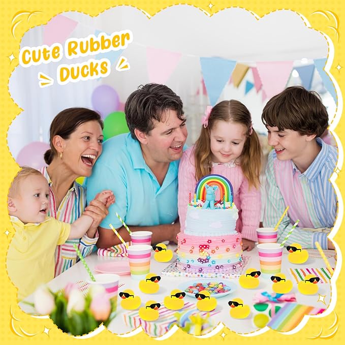 Hiboom 300 Pack Mini Rubber Ducks Set Bath Toys in Bulk with Sunglasses Float Squeak Tiny Baby Shower Rubber Duck Bathtub Pool Toy for Kids Party Birthday Supplies Prize Rewards(Yellow)