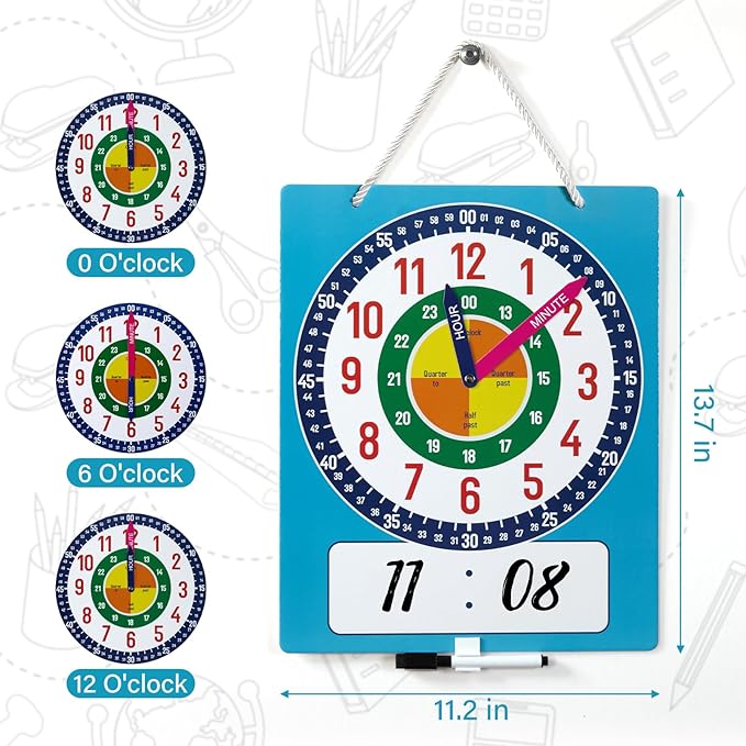 Magnetic Writable Dry Erase Learning Clock for Kids, 13.7'' x 11.2" Teaching Demonstration Clock for Kid to Tell Time, Perfect for Home School Classroom Supplies, Pen Included