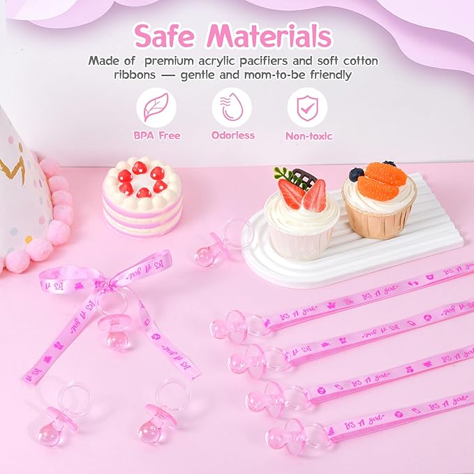 100 Pieces Baby Shower Pacifiers Necklace, Cute Acrylic Pacifier Necklaces for Chupones para Baby Shower Games Charm, Party Favors, Decorations DIY, Gender Reveal Table Scatter(Pink)