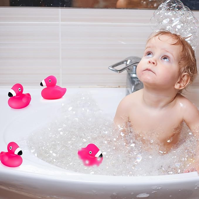 20PCS Adorable Flamingo Rubber Ducks Bulk Pink Floating Squeaky Bath Toys Perfect for Baby Showers, Birthday Parties, Cake Toppers, Pool Party Favors and Classroom Prizes (20)