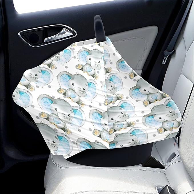 FCZ Baby Car Seat & Stroller Covers - Elephant Jungle Nursing Cover - Breathable Cotton - White/Blue - Not Water Resistant