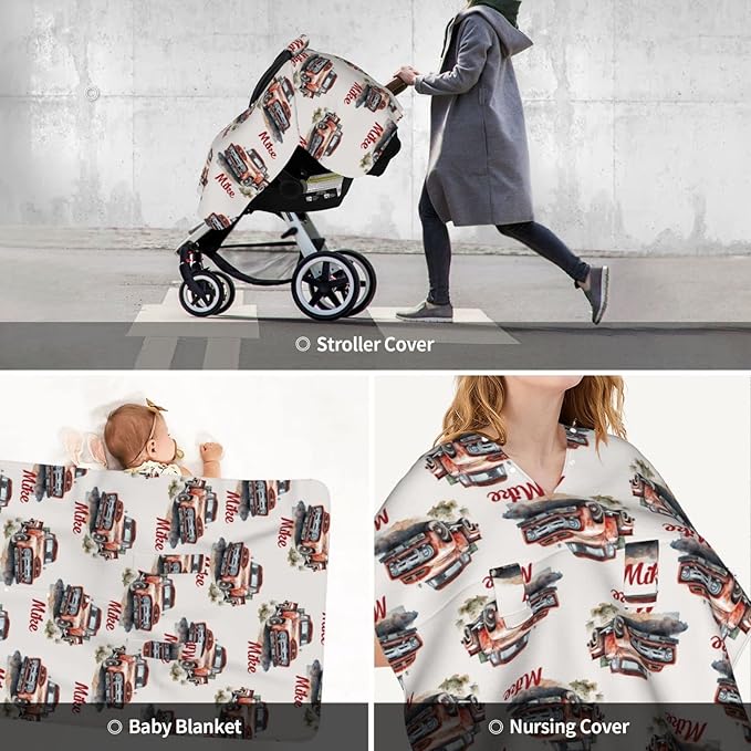 Personalized Baby Car Seat Canopy for Babies with Name, Custom Car Seat Covers for Boys Girls, Infant Opening Minky Nursing Breastfeeding Stroller Cover Carseat Canopies for Newborn (Red Truck)