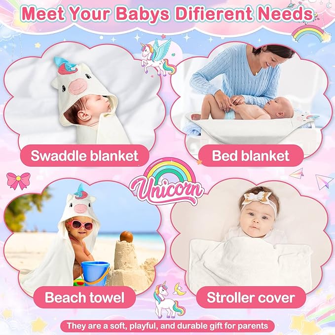 Flasoo 4 PCS Baby Towels Set, Soft Absorbent Baby Hooded Bath Towel, 1 Baby Towel and 3 Baby Washcloths for Newborns, Toddlers, and Kids, 32x32 inch Baby Towel for Boy and Girl (White Unicorn)