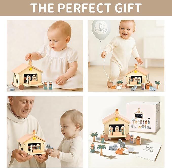 Wooden Nativity Set Montessori Toys for 1 Year Old - Baptism Gifts for Boys Girls - Religious Christening Gift - Bible Toys for Toddlers 1-3 House on Wheels Shape Sorter
