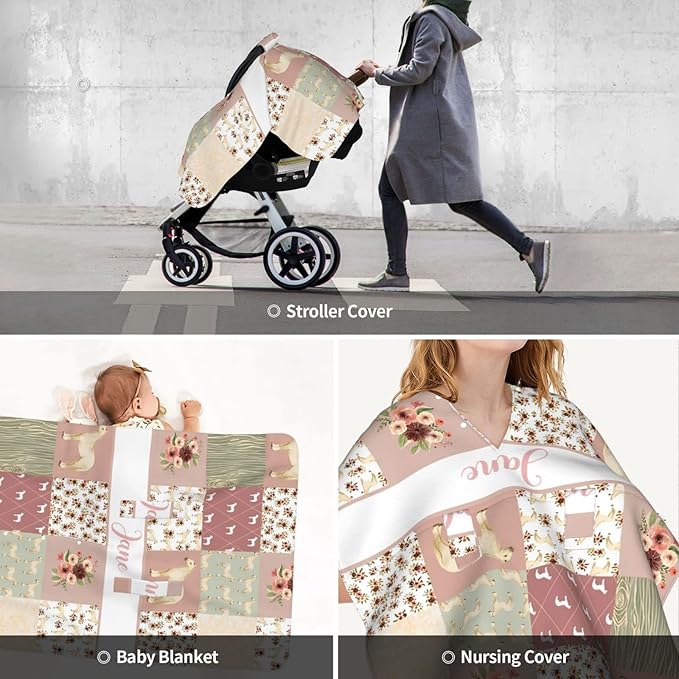 Personalized Baby Car Seat Canopy for Babies with Name, Custom Car Seat Covers for Boys Girls, Infant Opening Minky Nursing Breastfeeding Stroller Cover Carseat Canopies for Newborn (Floral Horse)
