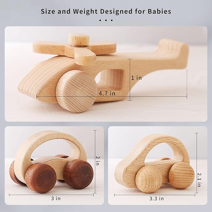 Wooden Baby Car and Airplane Toys,Wood Push Car for Toddler Montessori Baby Grip Toy Car,Gifts for Boys and Girls,Push and Pull Toy Car 3 Pieces