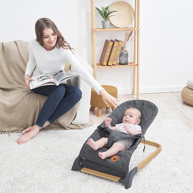 ANGELBLISS Baby Bouncer, Portable Bouncer Seat for Babies, Infants Bouncy Seat with Wood Grain Base, Natural Vibrations (Grey)