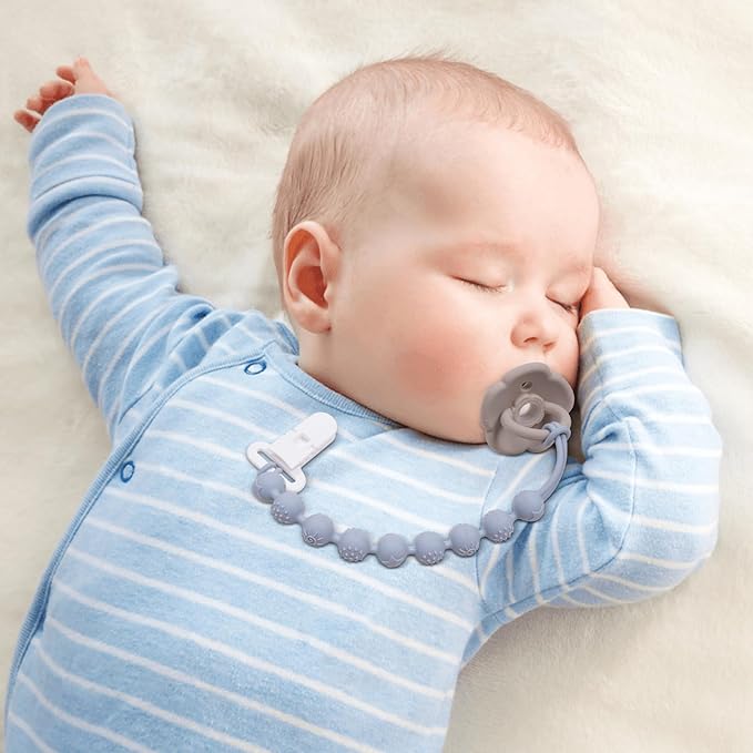 4 Pcs Gray Baby Silicone Teething Pacifier Clip,One-piece Design,Round Shape,Textured Surface,BPA Free.
