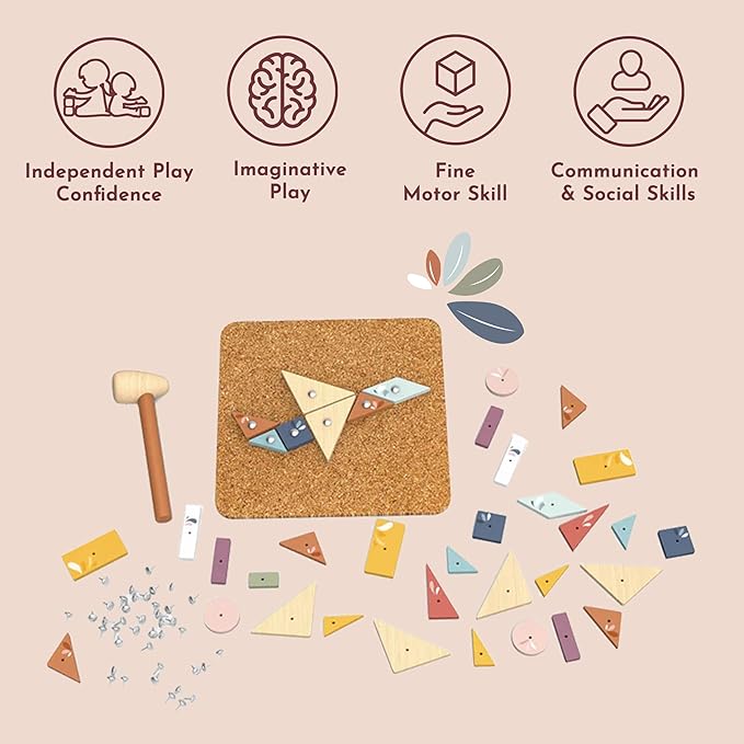 SPEEDY MONKEY Hammer & Nail Game for Kids 36m+ | Wooden Corkboard Pounding & Hammering Toy with Flash Cards | Fine Motor & Imaginative Play Activity | Construction Tool Playset for Girls & Boys