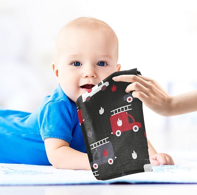 vvfelixl Firefighters Fire Trucks Baby Burp Cloths, Baby Muslin Washcloths for Boys Girls, Cotton Baby Face Towel for Newborn Infants Soft and Absorbent 11.8 X 11.8 in, 5 Pack Black