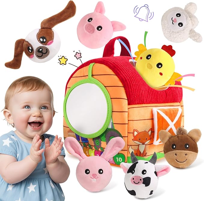 Baby Toys 6-12 Months, Plush Barn with Stuffed Farm Animals, Sensory Rattle, Mirror, Crinkle, Montessori Toys for 6 Month Old Babies for Infant & Toddler 1-3 Boy and Girls
