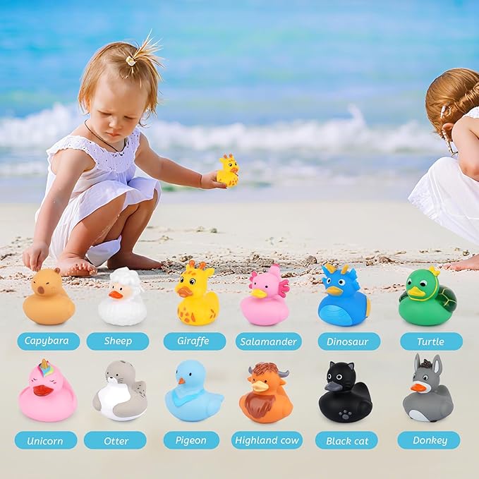 12PCS Rubber Ducks - Assorted Rubber Ducks with Black Cat,Highland Cow,Sheep Bath Toys,Toddler No Hole Ducks for Jeeps,Baby Bath Toys, Animal Bath Duckies for Baby Shower Pool Party Favors