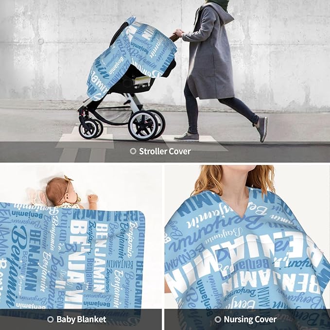 Personalized Baby Car Seat Canopy for Babies, Custom Name Baby Car Seats Covers for Boys Girls, Opening Minky Nursing Breastfeeding Cover for Infant, Carseat Canopies for Newborn (Sky)