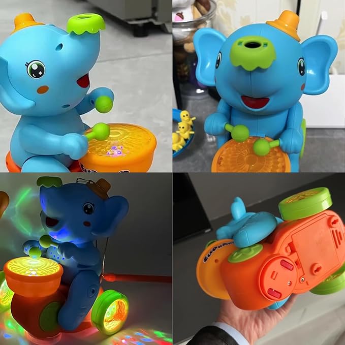 Musical Walking Elephant Drummer Toy Multifunctional Drumming Car Blow Floating Ball Tricycle Children's Drum with LED Lights