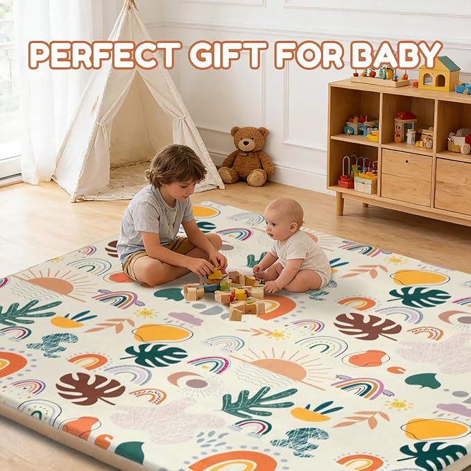 RONGFA Baby Play Mat for Floor, 71'' x 59'' Thicken Foam Padded Playmat for Tummy Time, Playpen Mat for Toddlers Infant Kids, Water-Repellent Coral Velvet, Non-Slip Bottom Safe for Crawling (Boho)
