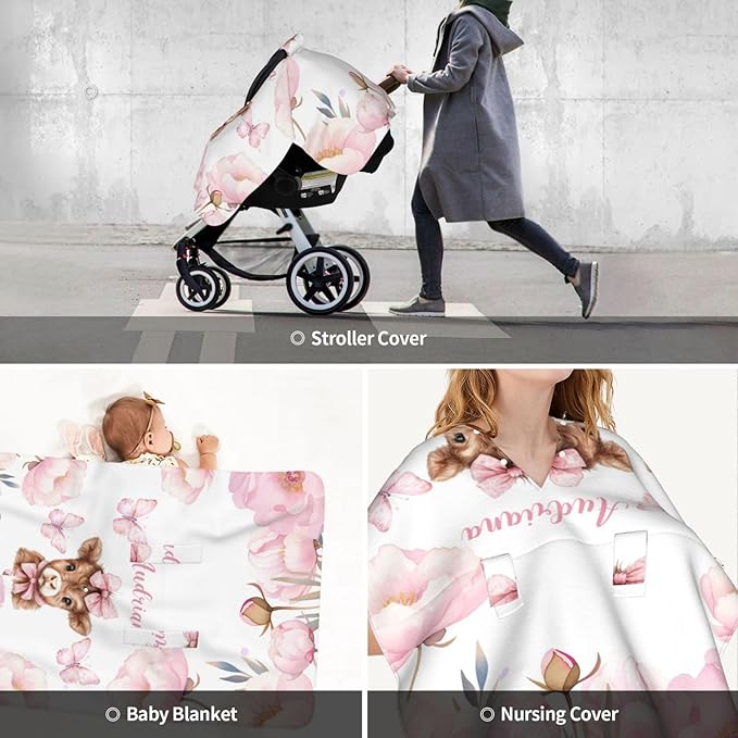 Personalized Baby Car Seat Canopy with Name – Custom Highland Cow Pink Minky Nursing Cover for Girls, Soft Stroller Cover for Infants & Newborns, Carseat Canopy for Breastfeeding