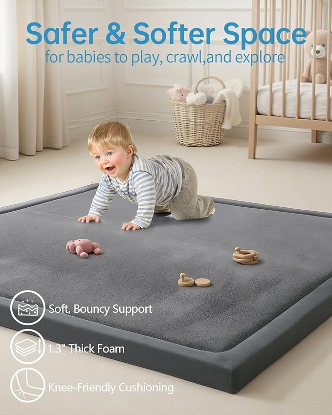 Baby Play Mat for Floor 59"x71" Playpen Mat 1.3" Thick Elasti-Foam Padded Cushioning Non-Slip Playroom Tatami-Style Nursery Mat for Tummy Time & Crawling for Babies Toddlers Infants