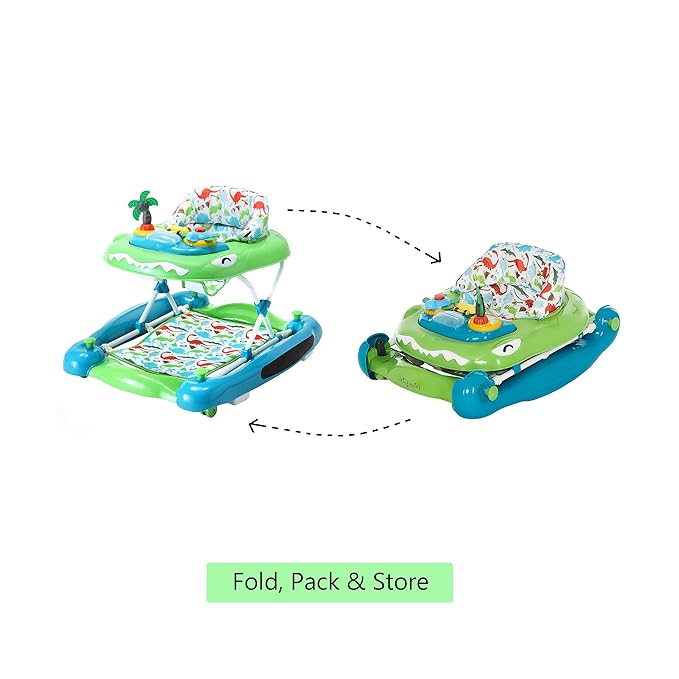 Dream On Me Baby Steps Baby Walker in Blue and Green, Adjustable Three Position Height Setting, Removable Tray, Easy to Fold and Store Baby Walker