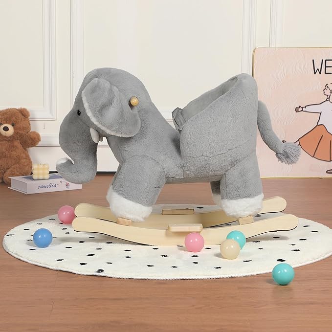Baby Rocking Horse, Plush Elephant Riding Horse with Music, Wooden Rocking Horse for Toddlers 1 Year Old, Gray Stuffed Ride-on Rocker Animals Toy for Baby Boys and Girls Christmas Birthday Gift Gray
