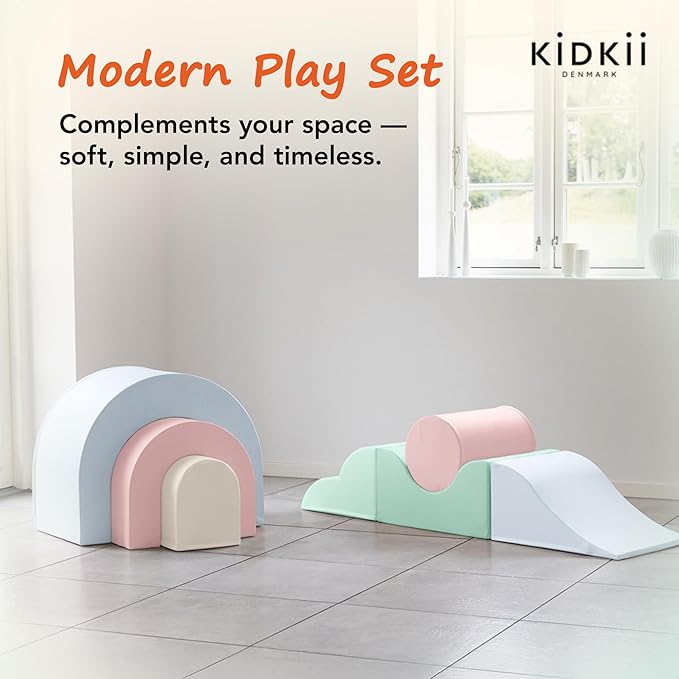 Kidkii Rainbow Play Set 7-Piece Foam Climbing & Motor Skill Play Kit, Indoor Activity Play System Set with Climbable Shapes for Toddlers, Pastel Mix