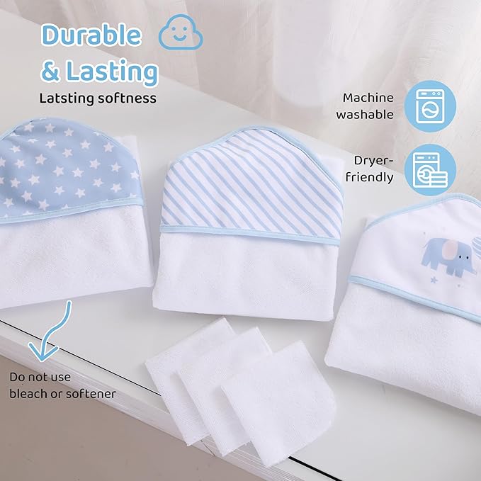 Mooreeke Baby Towel with Hood for Boys Blue Elephant Bath Towel for Babies Ultra Soft Absorbent 3 PCS Baby Towels and 3 PCS Washcloths for Newborn Essentials