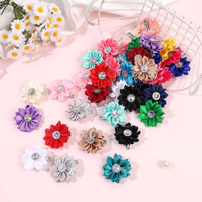 OAOLEER 40PCS 2” Flower Baby Hair Bows Clips, Mini Satin Floral Toddler Bows with Rhinestone Hair Accessories for Girls Toddlers Infants (40pcs Flower Bows-C)