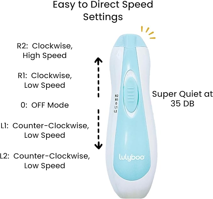 Lulyboo Electric Baby Nail File with 5 Interchangeable Heads, Low Noise & LED Light - Gentle, Safe, Ergonomic Baby Nail Trimmer for Smooth Nails & On-the-Go Grooming with Carry Case