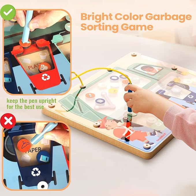 TOP BRIGHT Magnetic Color Maze Sorting Game Montessori Toys for 3+ Year Old Boys Gifts, Wooden Garbage Recycling Game Toddler Travel Toys Fine Motor Skills