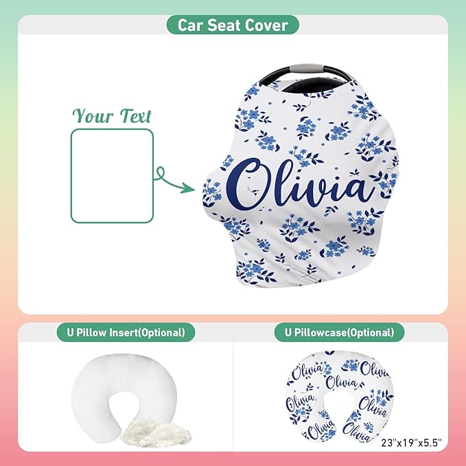 Personalised Car Seat Cover for Babies - Multi-use Carseat Canopy Cover with Name, Blue Theme Car Seat Covers, Christmas Birthday Gifts for Infant Boys and Girls