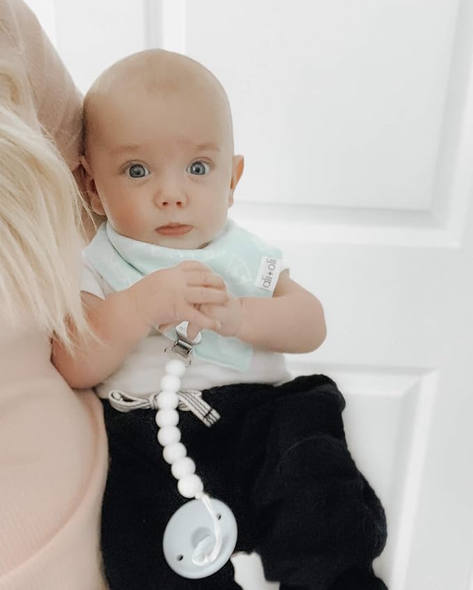 Ali+Oli Silicone Pacifier Clip for Baby (White) 100% Food-Grade BPA Free Newborn Pacifier Holder Infant Binky Clip for Baby Boy or Girl