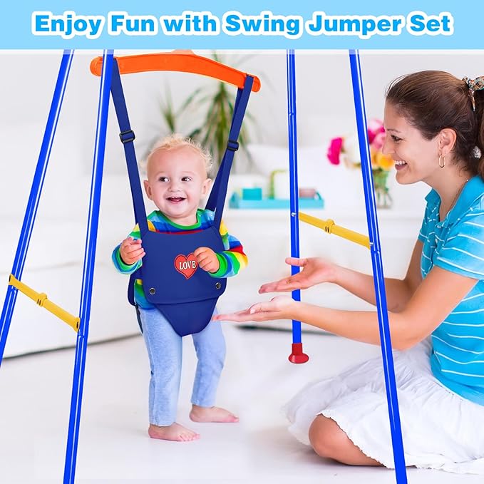 Baby Jumper, Indoor&Outdoor Baby Bouncer, Infant Jumper with Adjustment Strap for Boys Girls, Exercise Saddle Seat for Backyard, Easy to Assemble & Store (Blue)