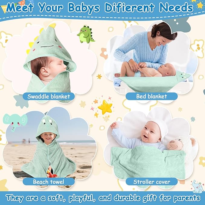 Sublaga 8 Pcs Baby Towel and Washcloths Set, Soft Baby Towels, 2 Pcs 32x32 in Cute Baby Towel with Hood and 6 Pcs Baby Washcloths for Infants, Toddlers and Kids (Green Elephant & Dinosaur)