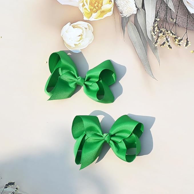 2 PCS 4.5inchs Hair Bows for Girls Grosgrain Ribbon Hair Bow Alligator Clips Hair Accessories for Baby Girls Toddlers(Green)