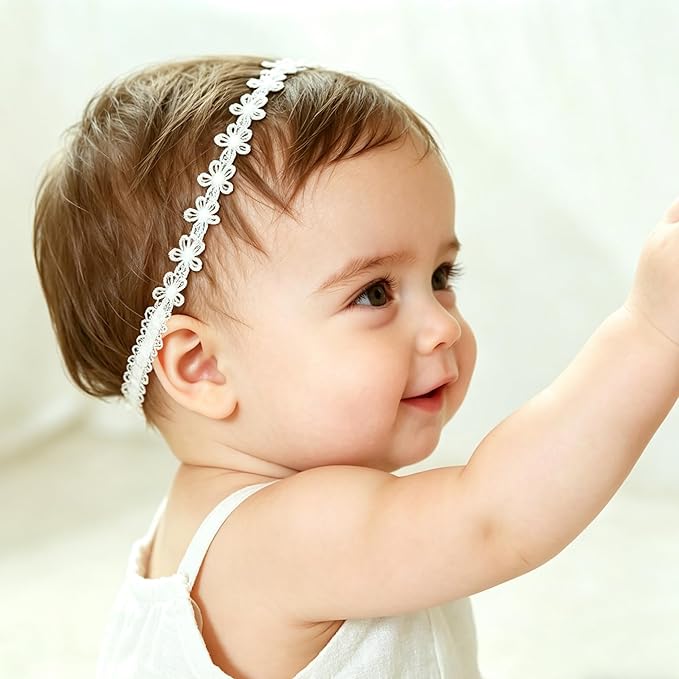 Baby Girls Flower Crown Headband Lace Handmade Floral Headbands Soft Elastic Band Daisy Hairband Newborn Infant Toddler Kids for Christening Baptism Birthday Party (Small White Daisy)