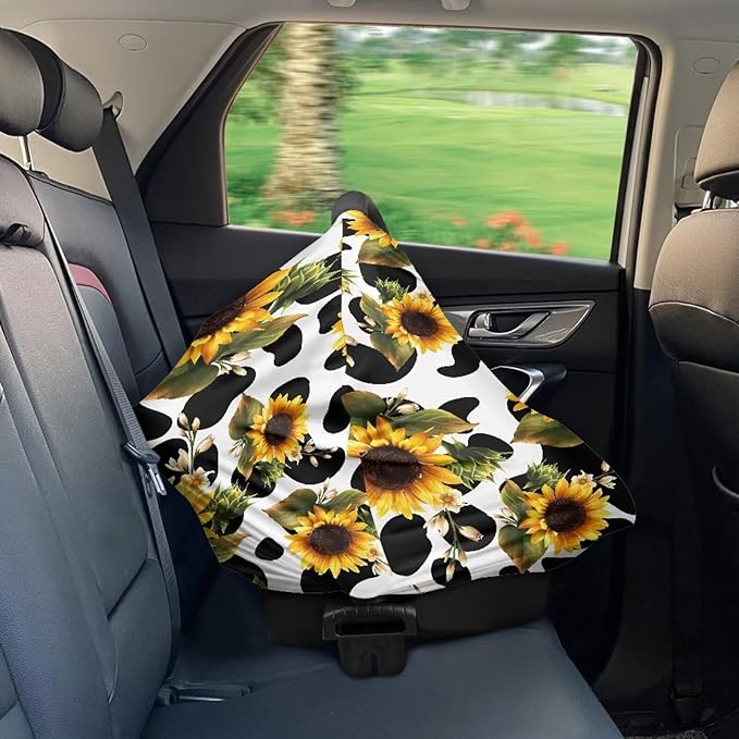 LedBack Sunflowers Cow Print Car Seat Cover for Babies, Soft Breastfeeding Cover Outdoor Breathable Baby Carseat Canopy, Easy to Use