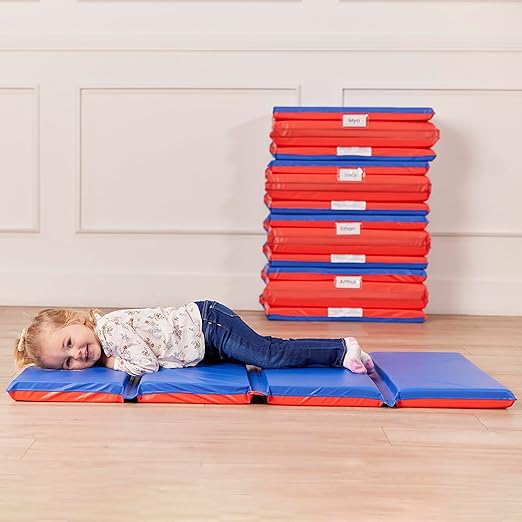 ECR4Kids Premium Folding Rest Mat, 4-Section, 2in, Sleeping Pad, Blue/Red