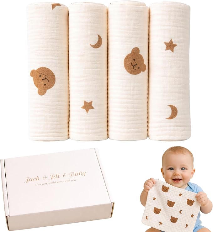 Jack & Jill & Baby Washcloths | 100% Cotton | Ultra-Soft Face Towels for Baby Boys and Girls | Bath Time and Burp Cloth Use | Baby Essentials | Absorbent Cloth Wipes | Pack of 4 (Snuggle Bear)