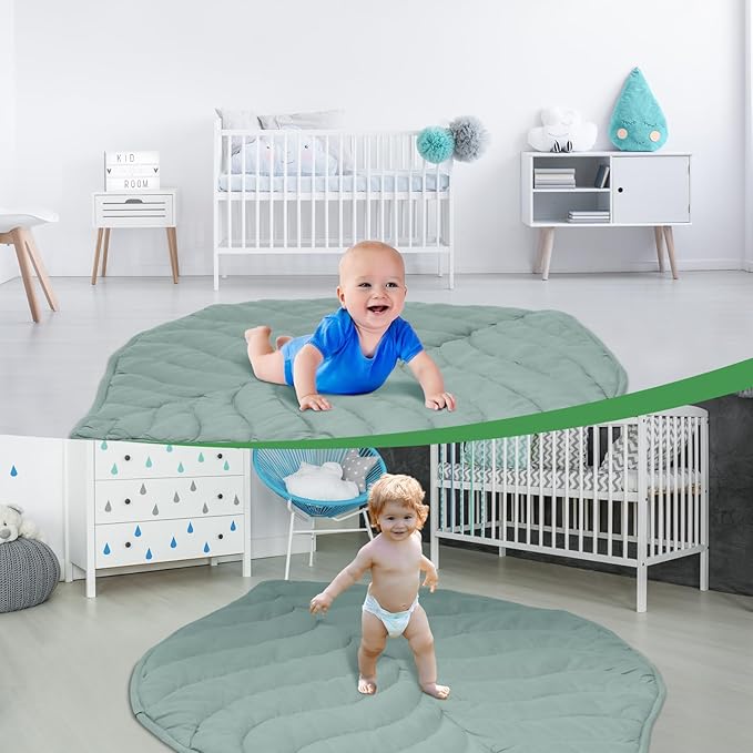 Funtery Baby Play Mat 56 x 42 Inch Cotton Crawling Cushion Cotton Nursery Rug Large Thick Soft Reversible Washable Folding Floor Playpen Mat Nursery Decor Rug for Girls Boys(Green,Leaf)