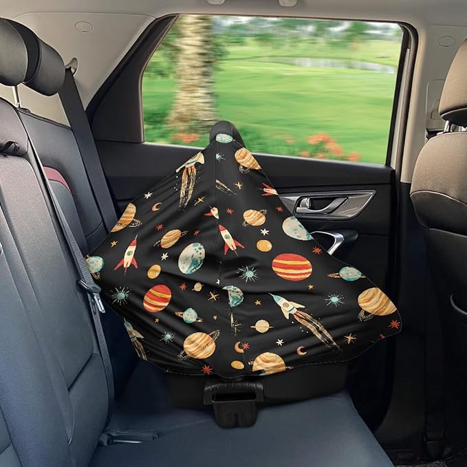 GIFTPUZZ Planet Rocket Stretchy Car Seat Cover for Babies, Nursing Cover Breastfeeding Cover for Baby Boys, Soft Breathable Infant Carseat Canopy, Shopping Cart/High Chair/Stroller Covers