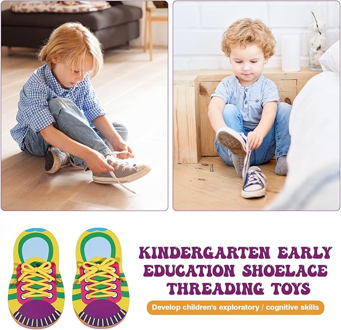 LUOZZY 10 Sets Shoe Trying Practice for Kids Shoelace Threading Teaching Toys Learn to Tie Shoelaces Toy Fine Motor Skills Toy Threading Game for Kids, Random Color