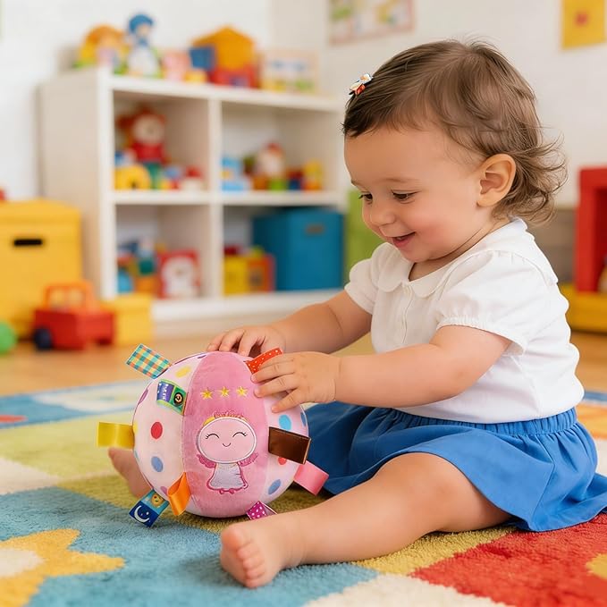 Inchant Soft Rattle Ball for Babies - Toddler Plush Sensory Built-in Bell Gift Ball with Colorful Tags, Pink