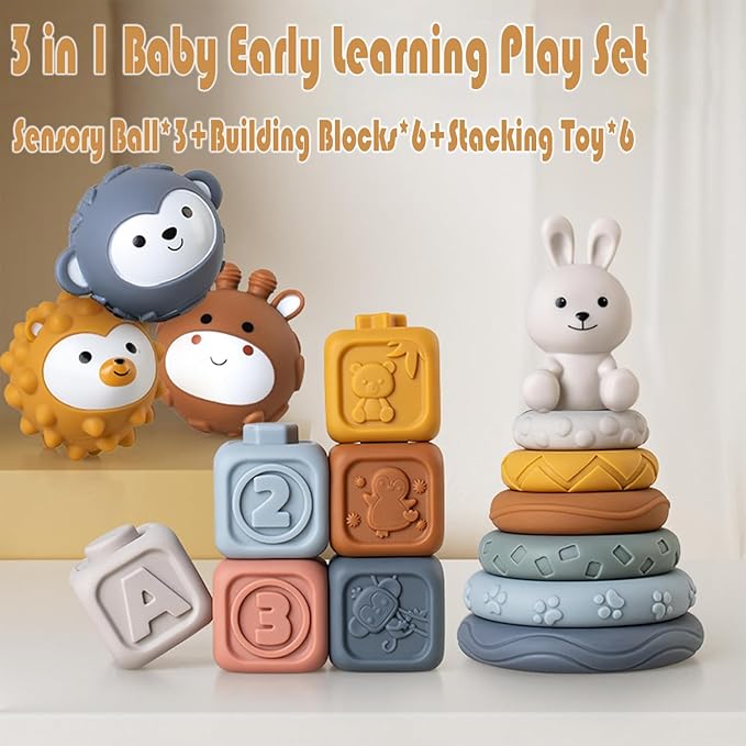 3 in 1 Baby Toys Bundle,Soft Stacking Building Blocks,Teething Ring & Sensory Balls for Newborn to 18 Months| Soft Textured Design,Perfect for Sensory Development, Motor Skills (Family Edition)