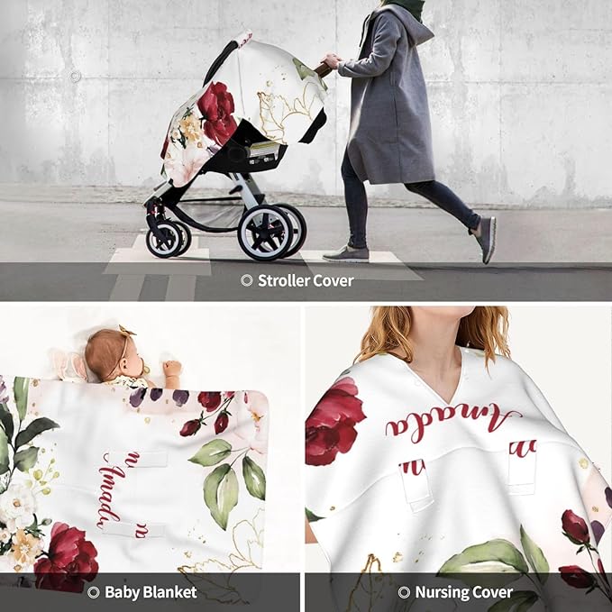 Personalized Baby Car Seat Canopy for Babies, Custom Name Car Seat Covers for Baby Girl, Floral Red and Pink Opening Minky Nursing Breastfeeding Cover for Infant, Carseat Canopies for Newborn