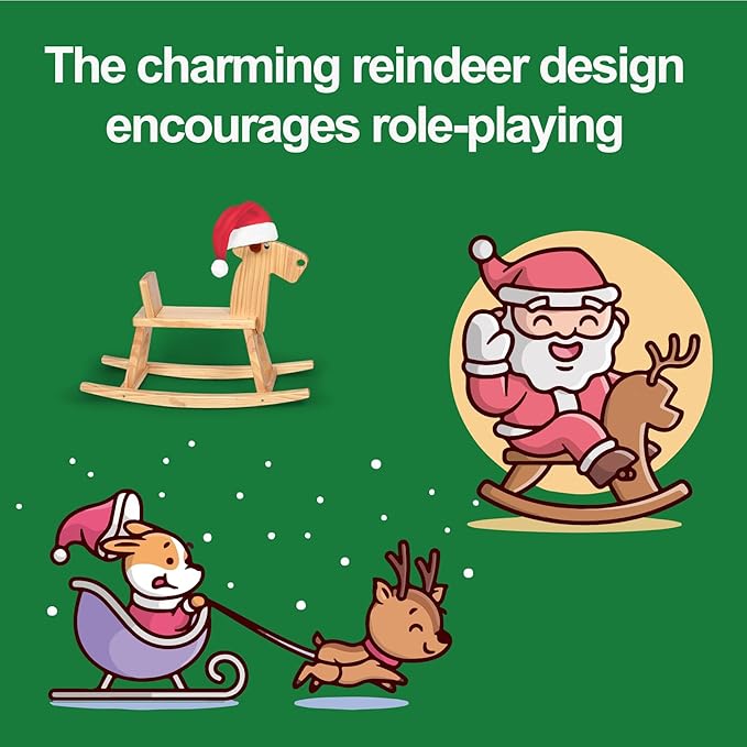 Kid Wooden Rocking Horse, Baby Ride On Toy Rocker for Toddler, Rocking Reindeer w/backrest Ideal Birthday Christmas/Birthday Gift for Boys & Girls (Natural)