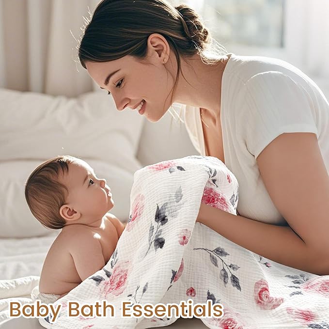 david's kids 2 Pack Baby Hooded Towels, Large 32"x32", 6 Layer 100% Muslin Cotton Absorbent Girl Bath Towel for Newborn, Infant and Toddler. Soft and Breathable Baby Essentials, Pink Floral&Rose