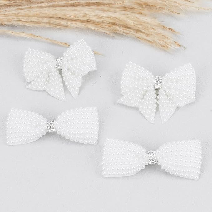 4Pcs Pearl Hair Bows for Girls, White Butterfly Flower Hair Bow Clip Wedding Hair Accessories for Baby Infants Toddlers Kids (Small size-B)