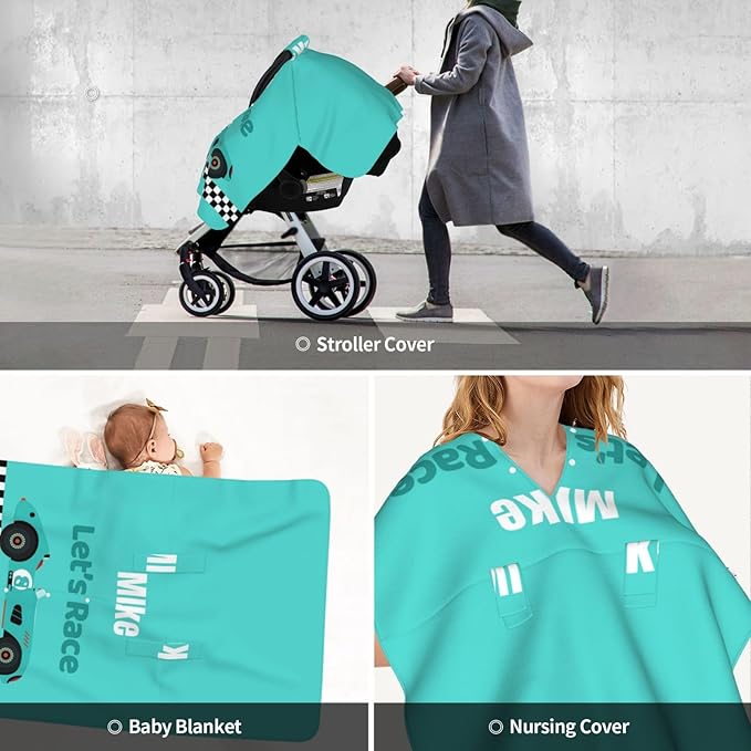 Custom Baby Car Seat Canopy for Babies with Name, Personalized Race Car Baby Car Seats Covers for Boys, Opening Minky Nursing Breastfeeding Stroller Cover Infant Carseat Canopies for Newborn